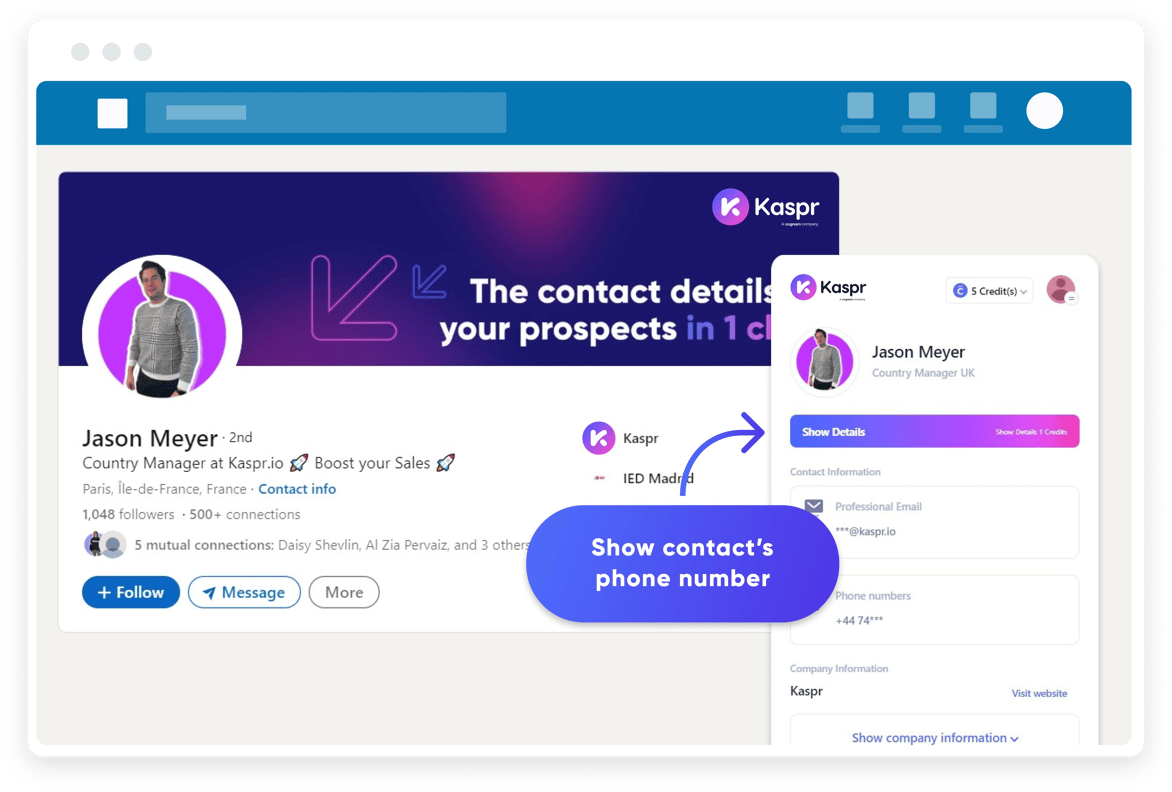 Graphic of Kaspr widget with button to click to show the prospect's phone number